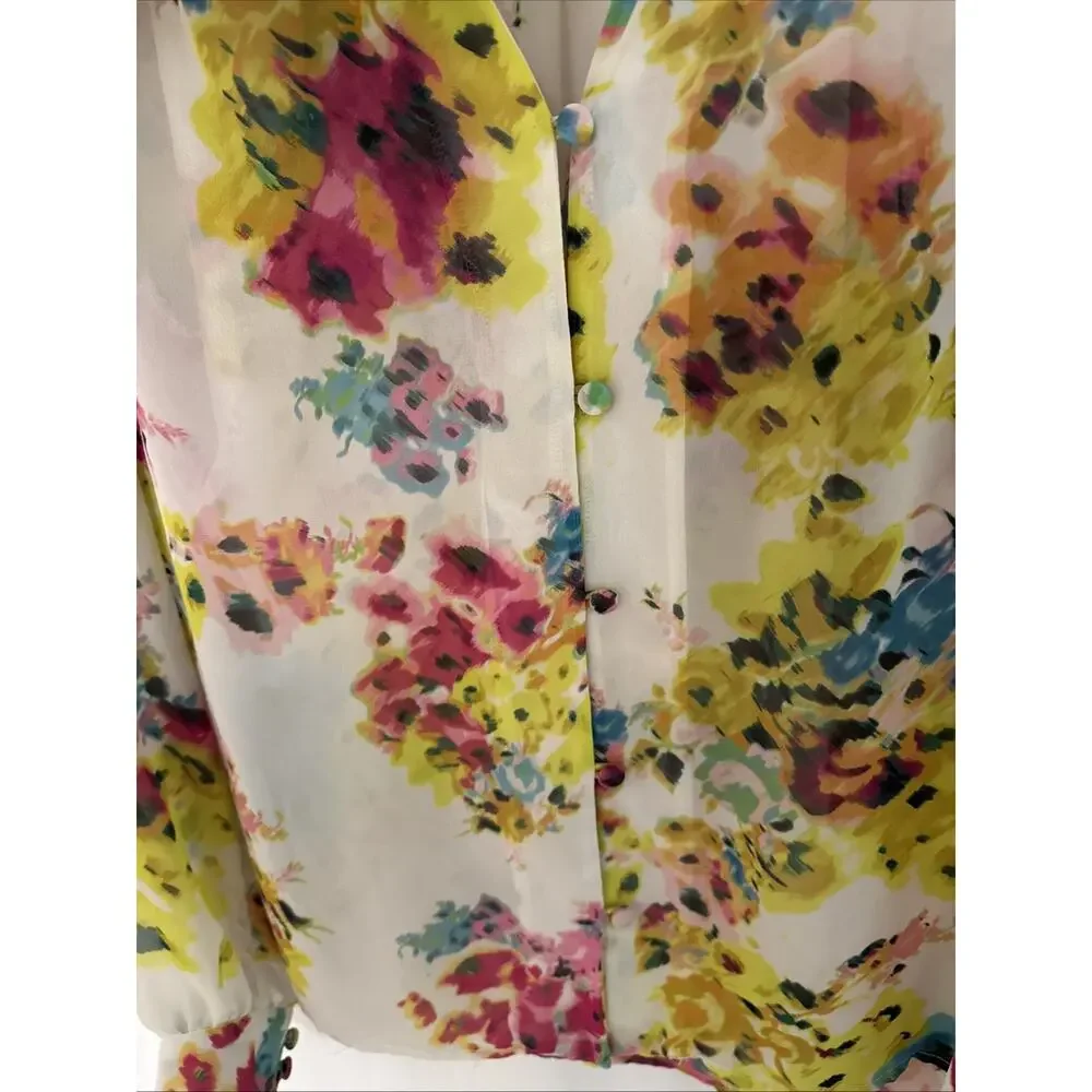Kut from the Kloth Size Large Floral Womens Sheer Chiffon Button Down Top Blouse